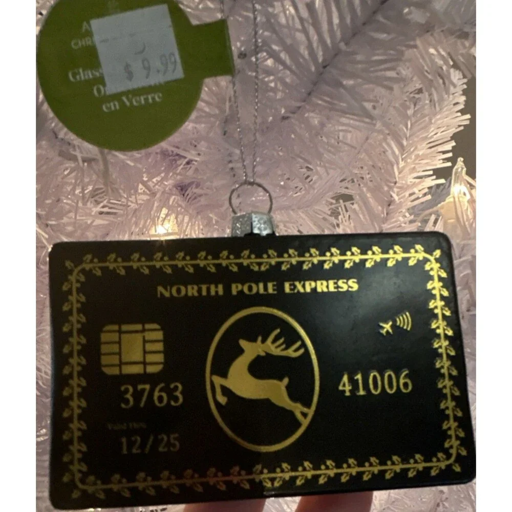North Pole Express Glass Christmas Ornament Credit Card Black Gold Hanging